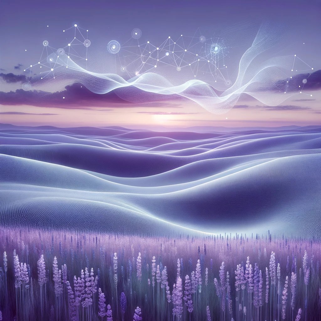 DALL·E 2024-02-11 00.44.30 - A serene, minimalist landscape in shades of lavender, evoking a sense of calm and innovation. The scene is a harmonious blend of futuristic technology